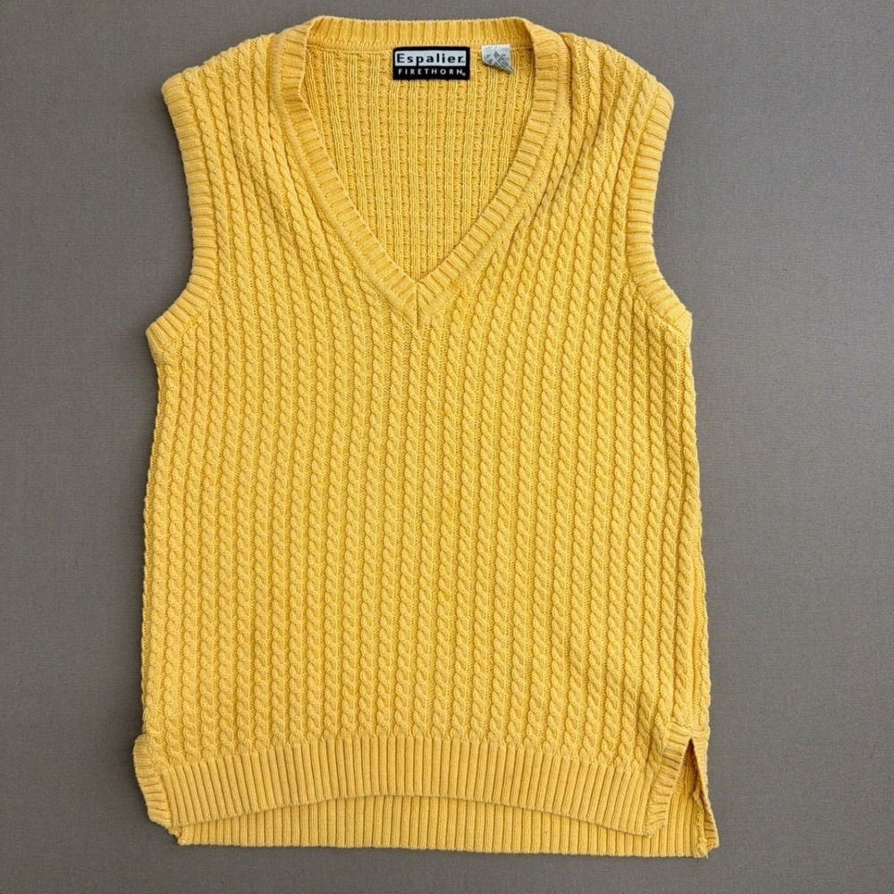 Espalier Firethorn Mens Yellow Cable Knit V-Neck Sweater Vest 100% Cotton Size M